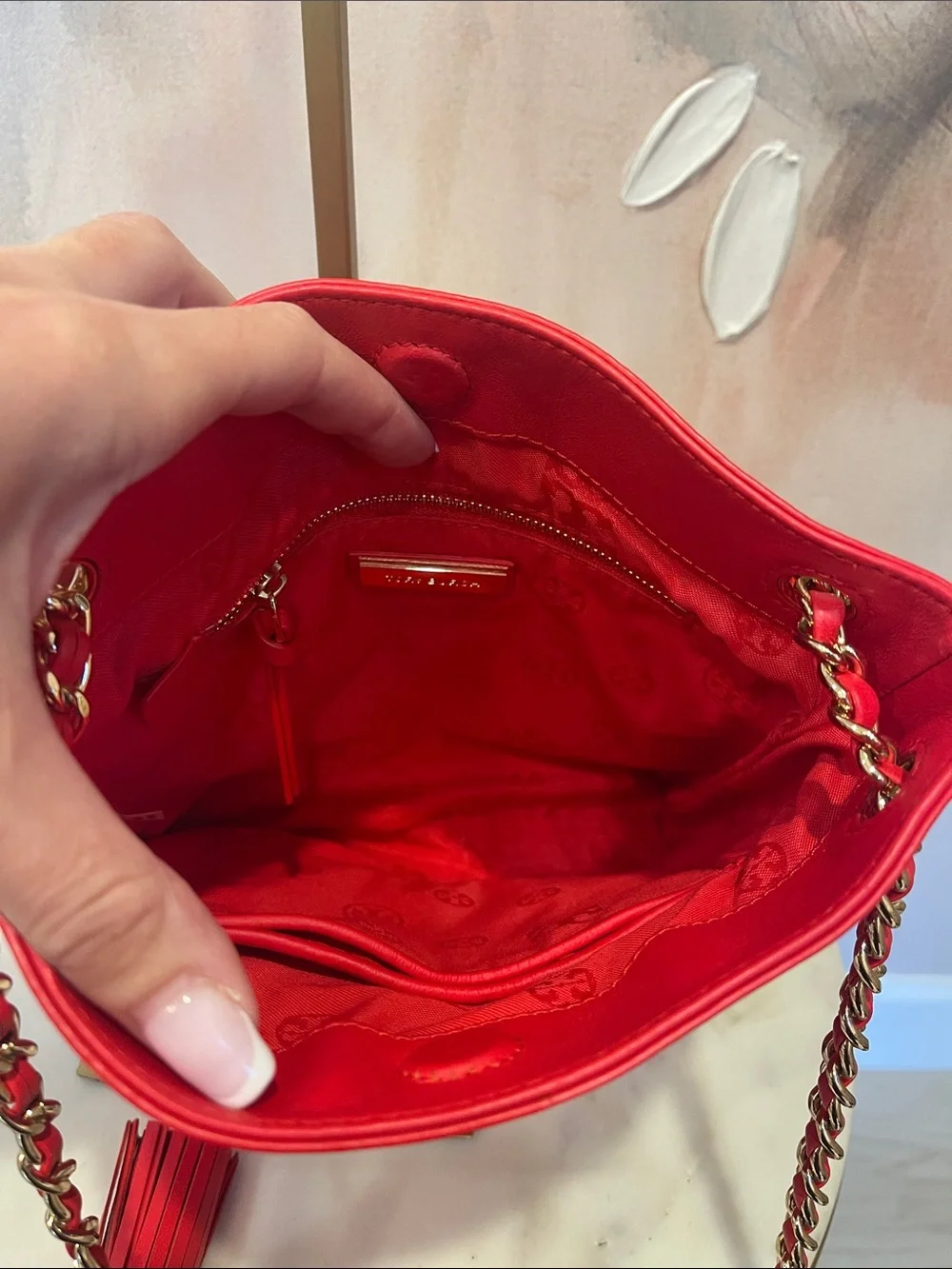 Tory Burch Red Quilted Leather Chain Shoulder Tote with Tassel